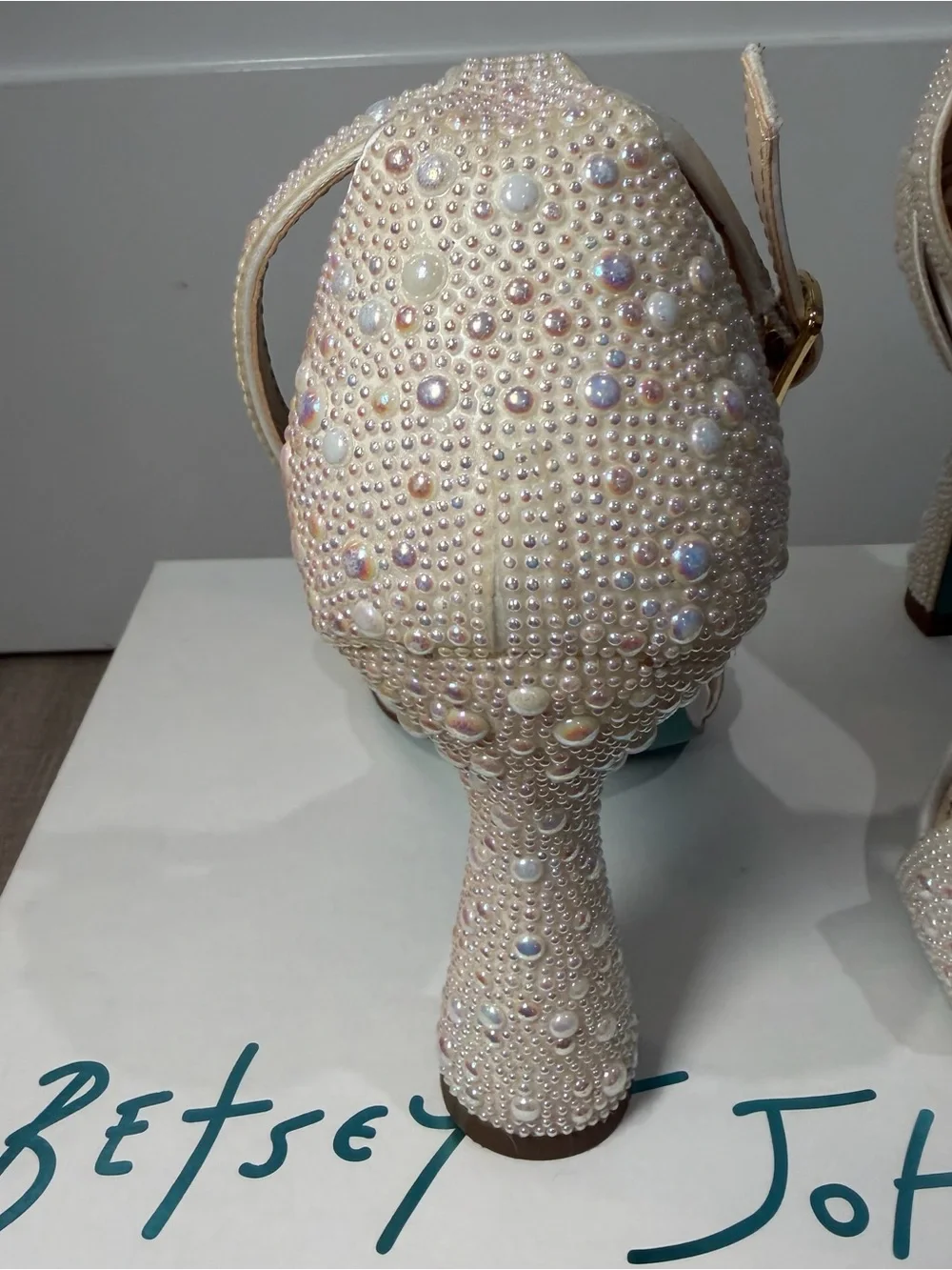 Betsey Johnson Ivory Pearl Embellished Ankle Strap Heels